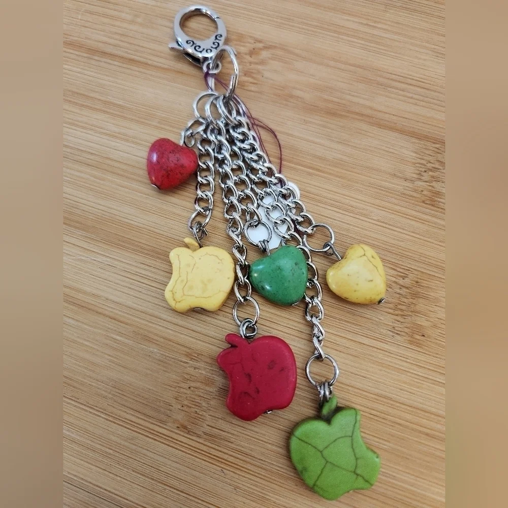 Hand Crafted Purse Charm Dangling Apples Hearts Red Yellow Green  Teacher Bag